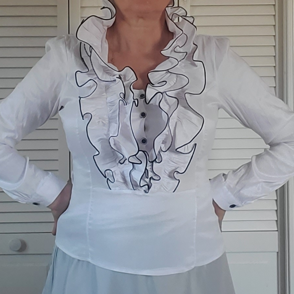 ELLY. Elegant Metallic White Ruffled Women's Blouse.